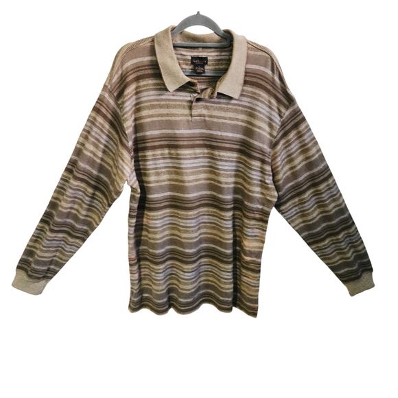 Van Heusen Men's L Collared Pullover Sweater Brown Tan Multi Stripe Grandpacore - Picture 1 of 6